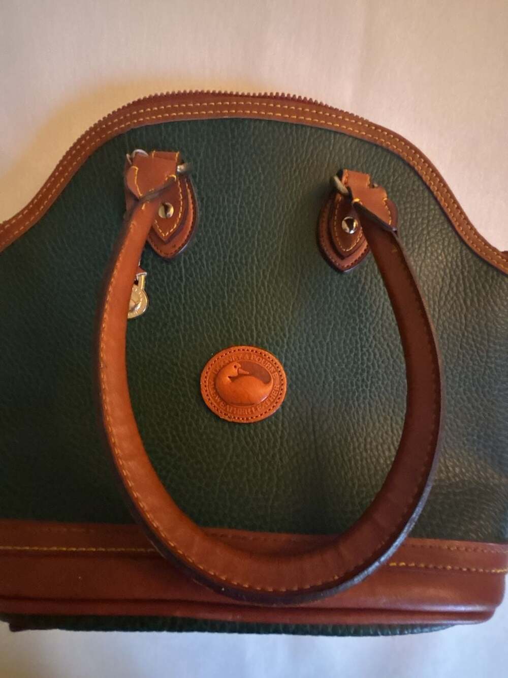 Vintage Dooney & Bourke All-Weather Leather Dome Satchel Bag Green and Tan - Picture 8 of 10
